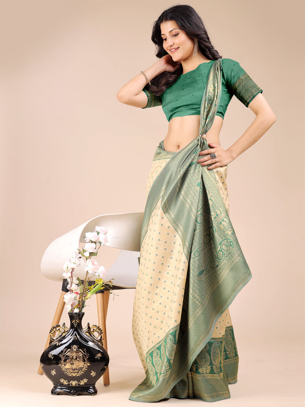 Cream & Green Banarasi Silk Saree with Traditional Zari Work