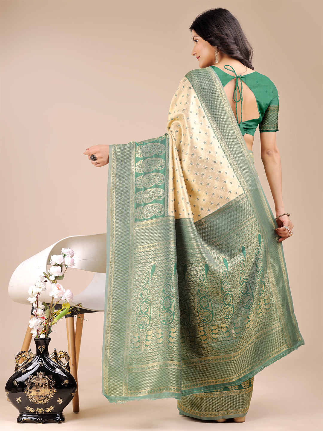 Cream & Green Banarasi Silk Saree with Traditional Zari Work