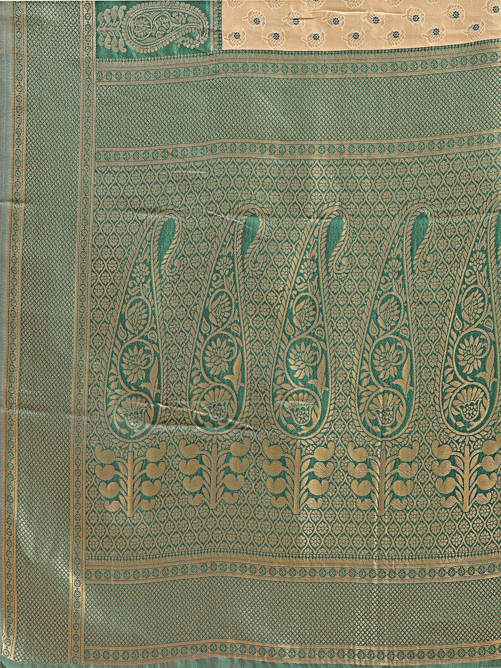Cream & Green Banarasi Silk Saree with Traditional Zari Work