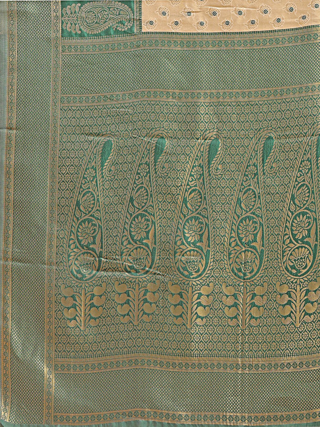 Cream & Green Banarasi Silk Saree with Traditional Zari Work