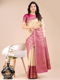 Elegant Cream and Magenta Banarasi Silk Saree featuring traditional zari motifs and decorative tassels.