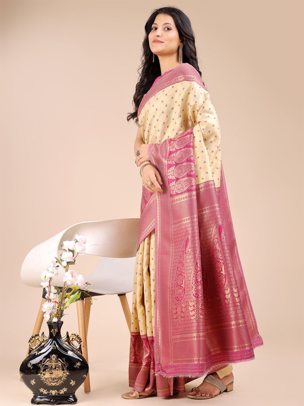 Cream and Magenta Banarasi Silk Saree with Woven Zari Work