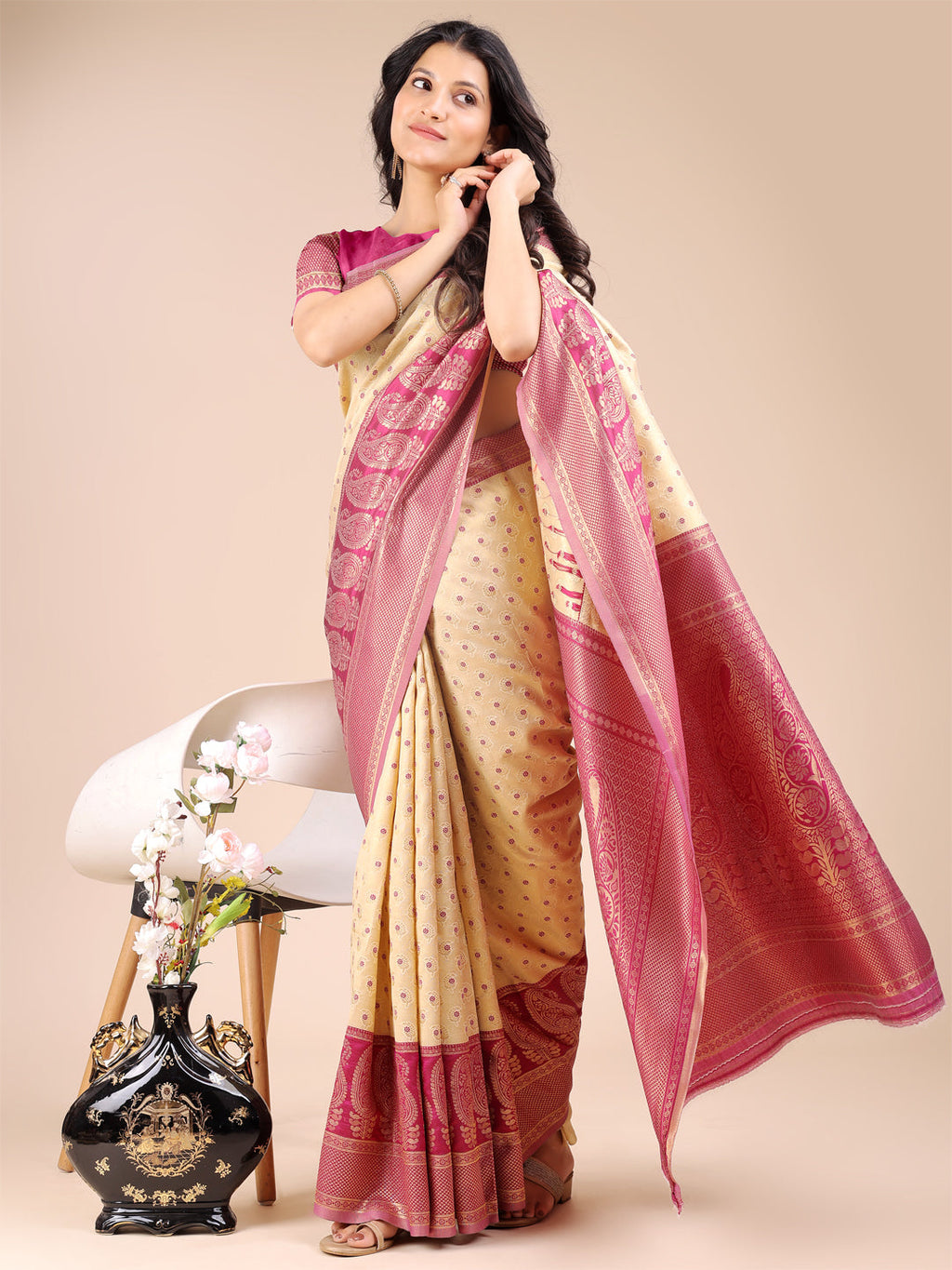 Cream and Magenta Banarasi Silk Saree with Woven Zari Work