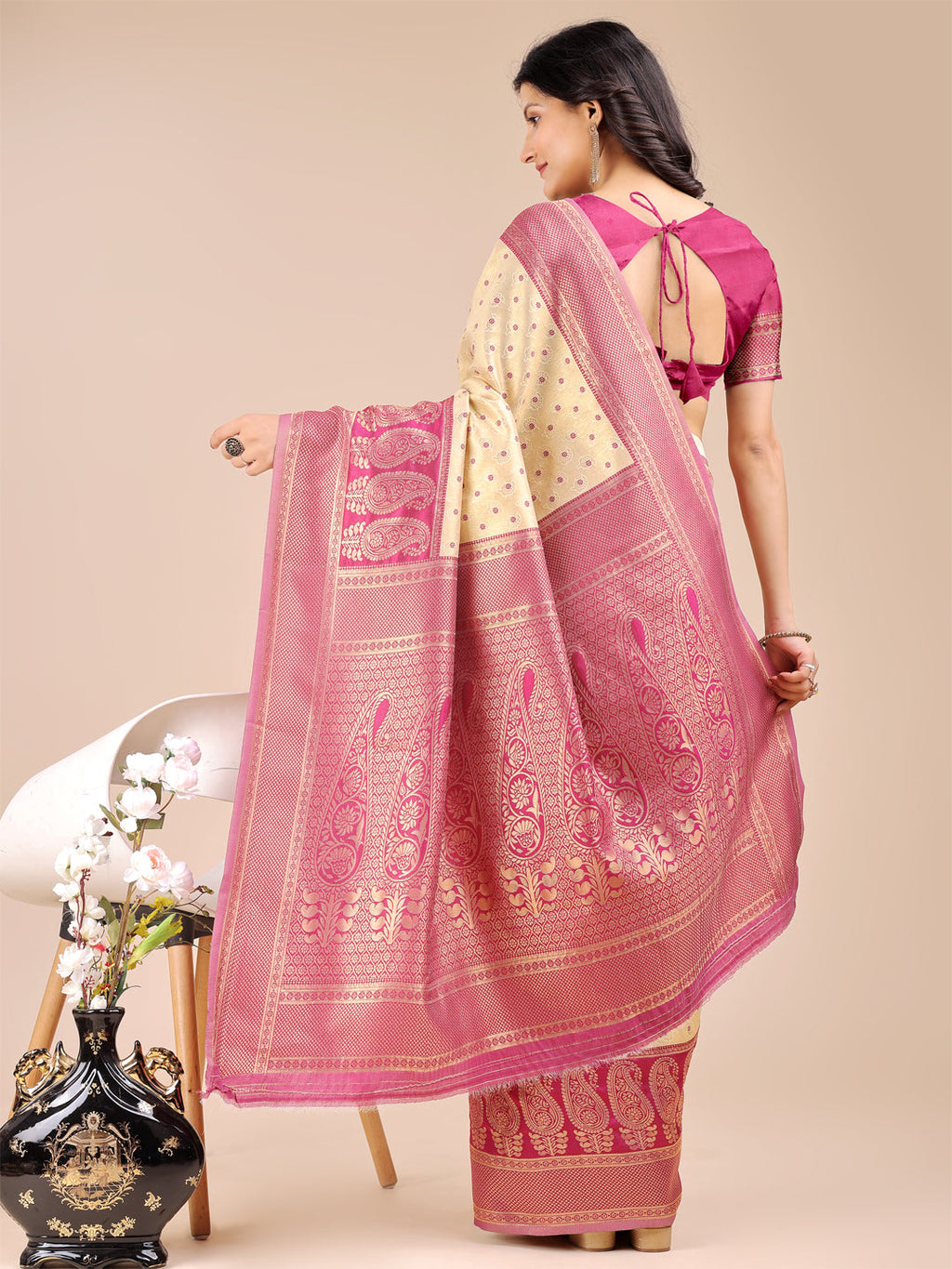 Cream and Magenta Banarasi Silk Saree with Woven Zari Work
