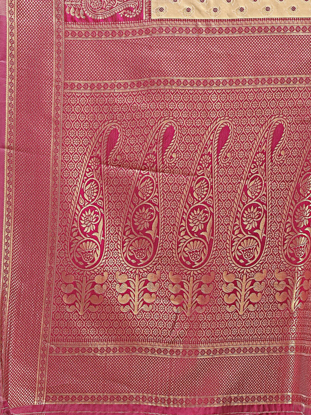 Cream and Magenta Banarasi Silk Saree with Woven Zari Work