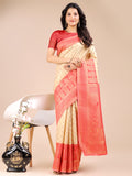 Cream and Red dual-tone Banarasi silk saree with gold zari work