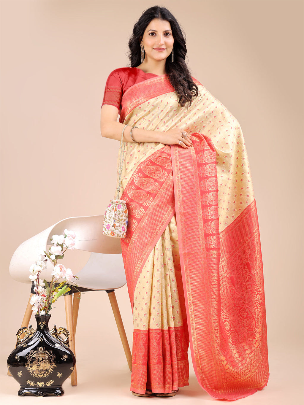 Cream & Red Banarasi Silk Saree with Traditional Zari Work