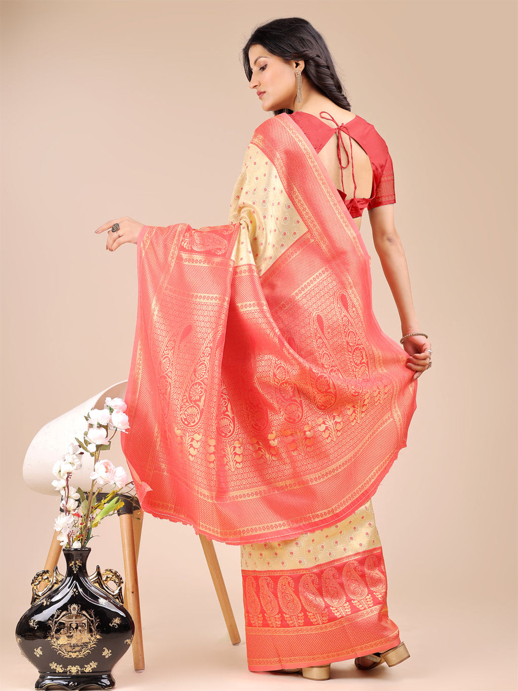 Cream & Red Banarasi Silk Saree with Traditional Zari Work