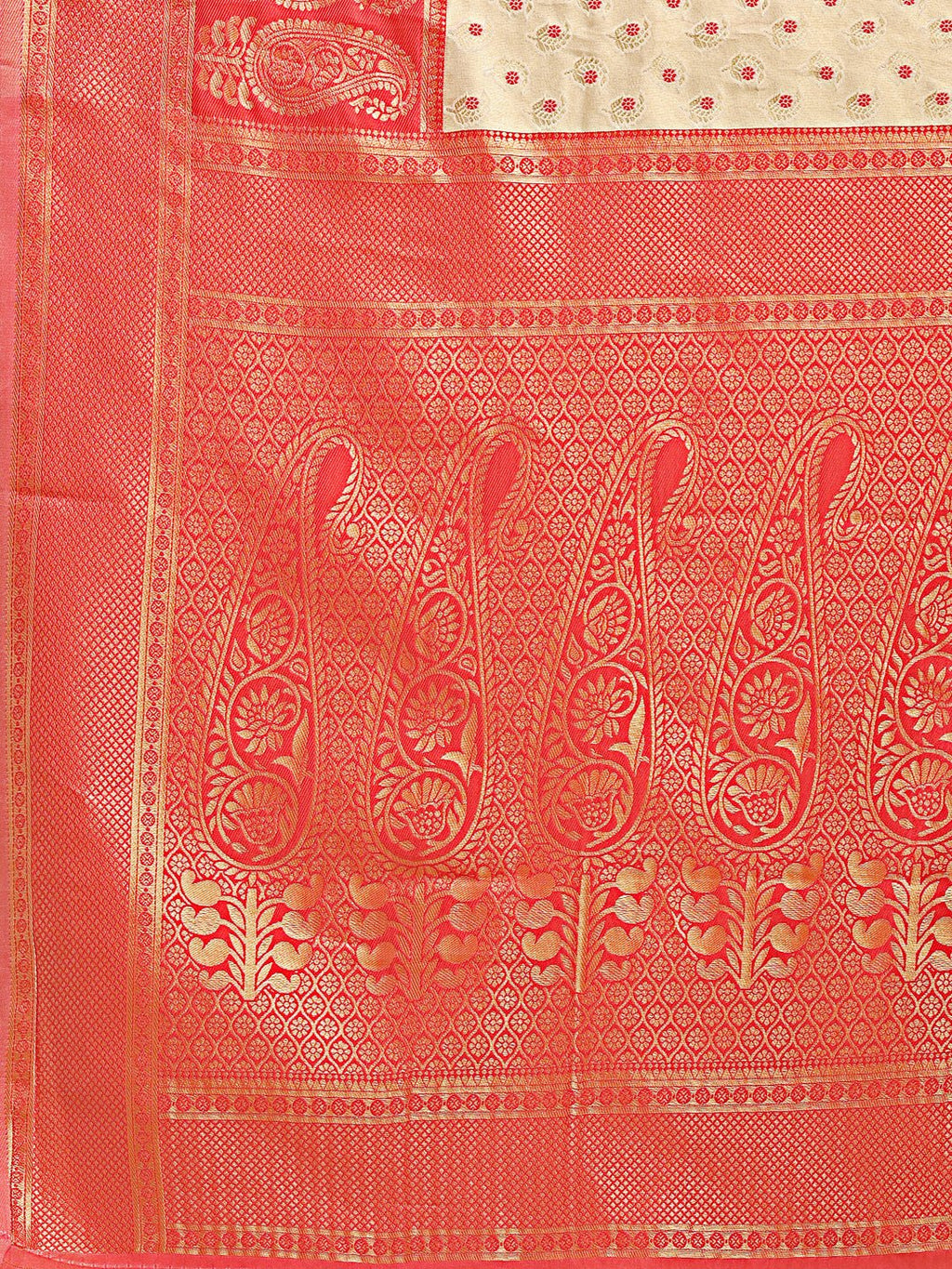 Cream & Red Banarasi Silk Saree with Traditional Zari Work