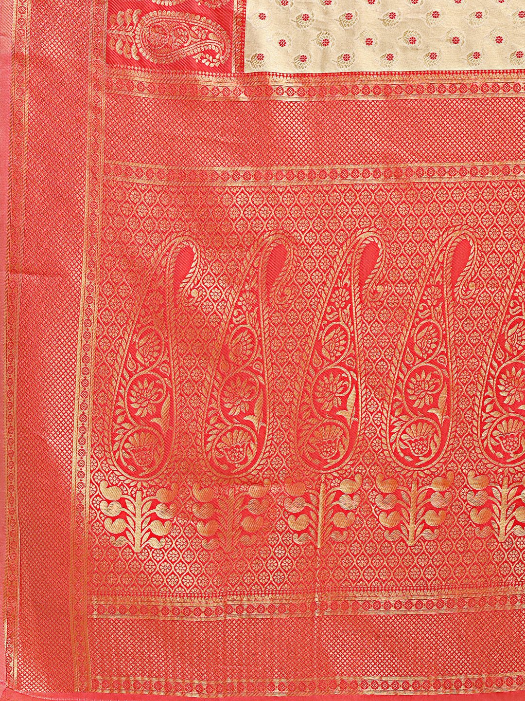 Cream & Red Banarasi Silk Saree with Traditional Zari Work