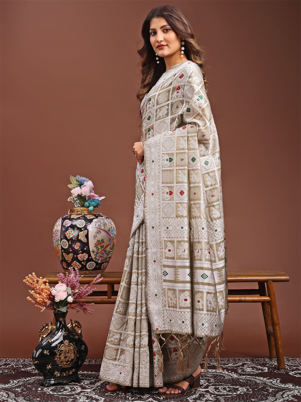 Beige Linen Cotton Saree with Geometric Tribal Weave