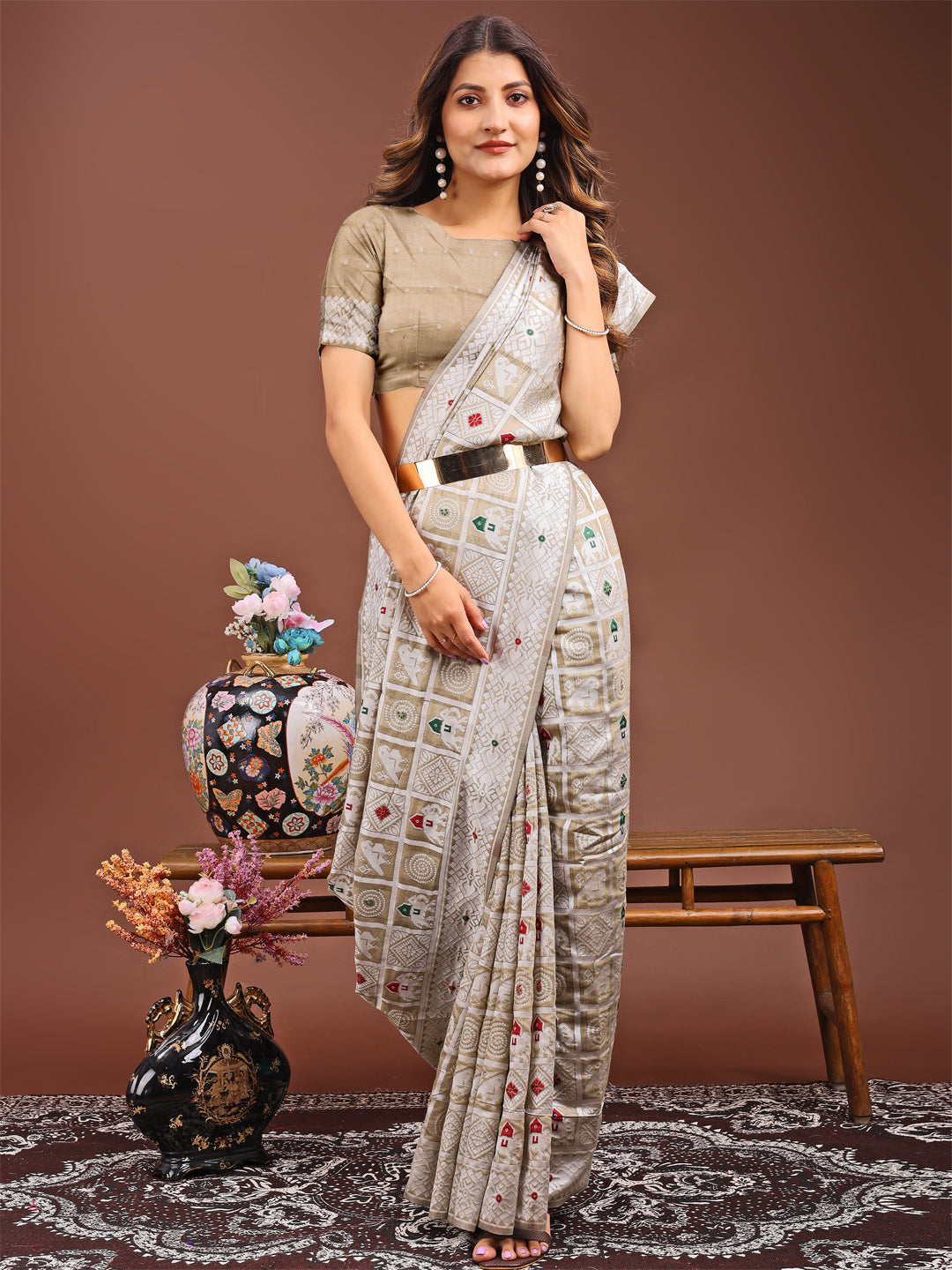 Beige Linen Cotton Saree with Geometric Tribal Weave