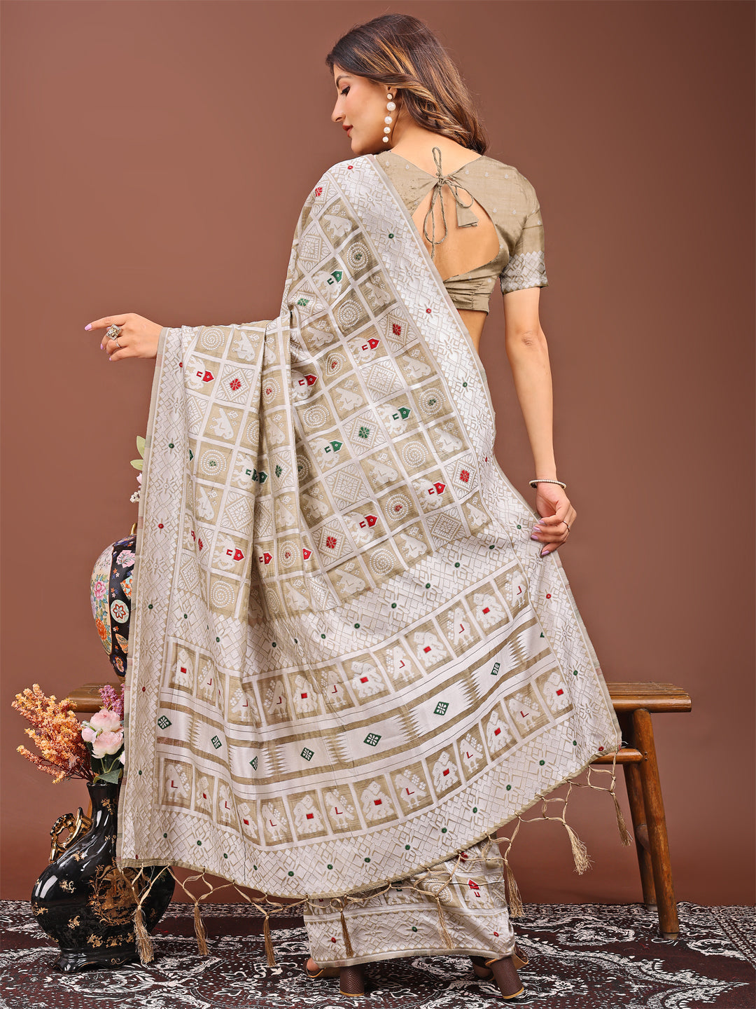 Beige Linen Cotton Saree with Geometric Tribal Weave