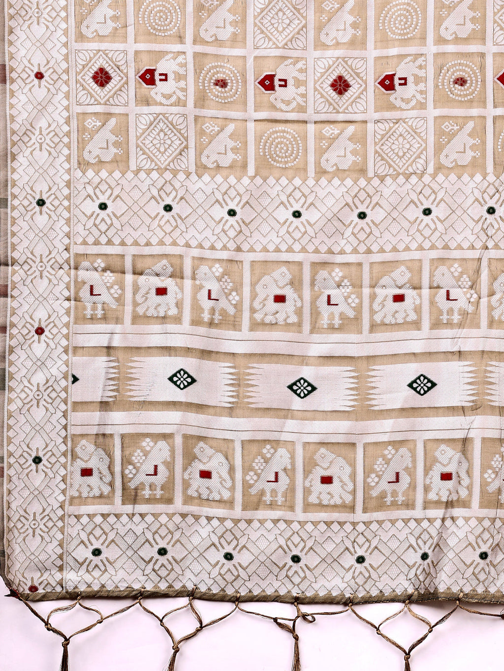 Beige Linen Cotton Saree with Geometric Tribal Weave