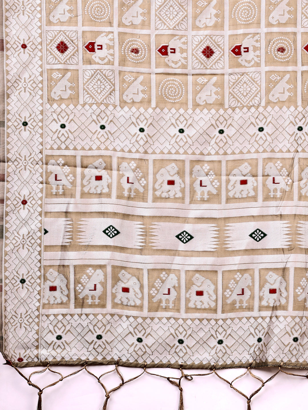 Beige Linen Cotton Saree with Geometric Tribal Weave