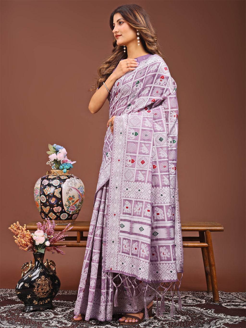 Purple Linen Cotton Saree with Geometric Tribal Weave