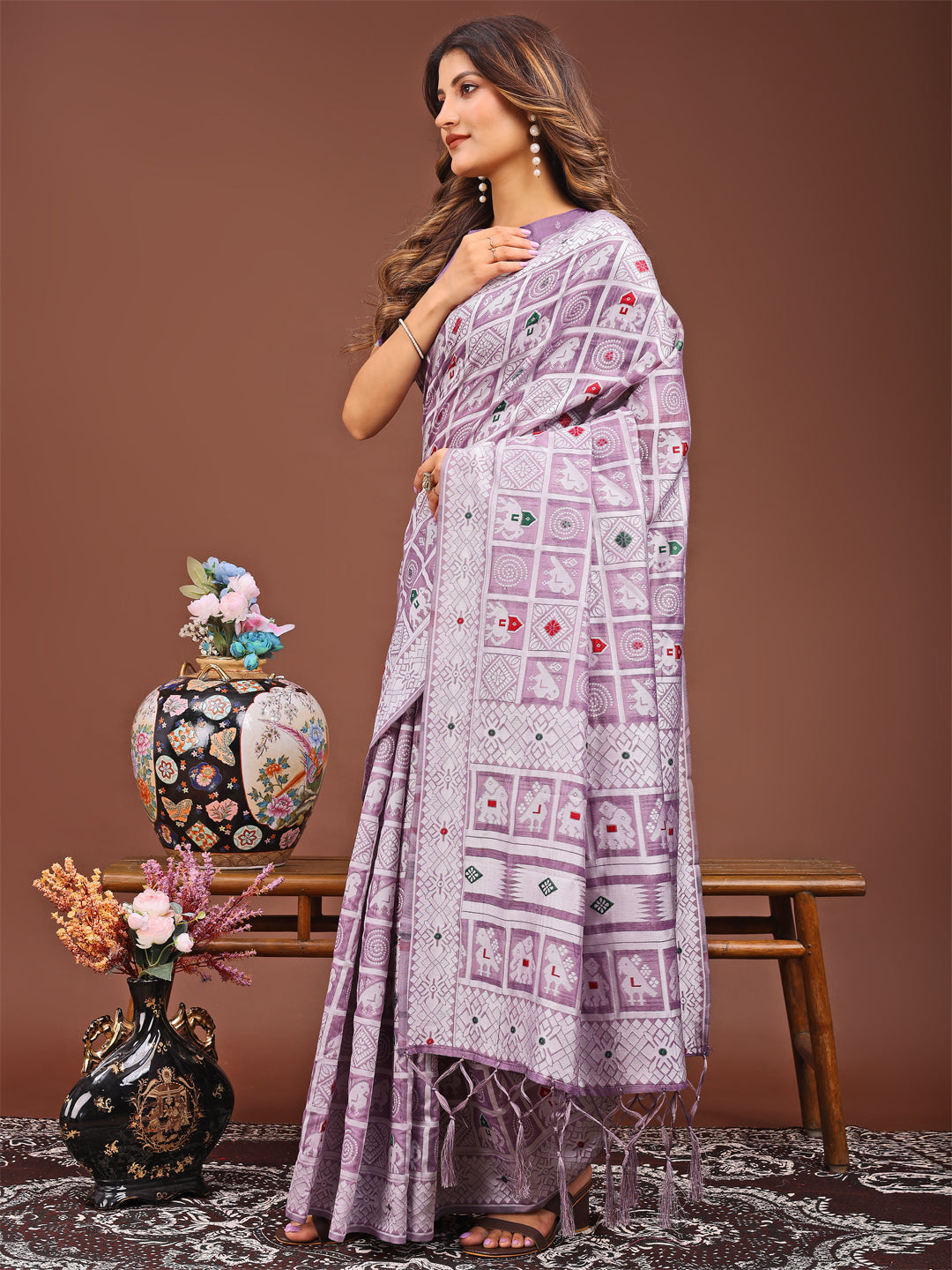 Purple Linen Cotton Saree with Geometric Tribal Weave