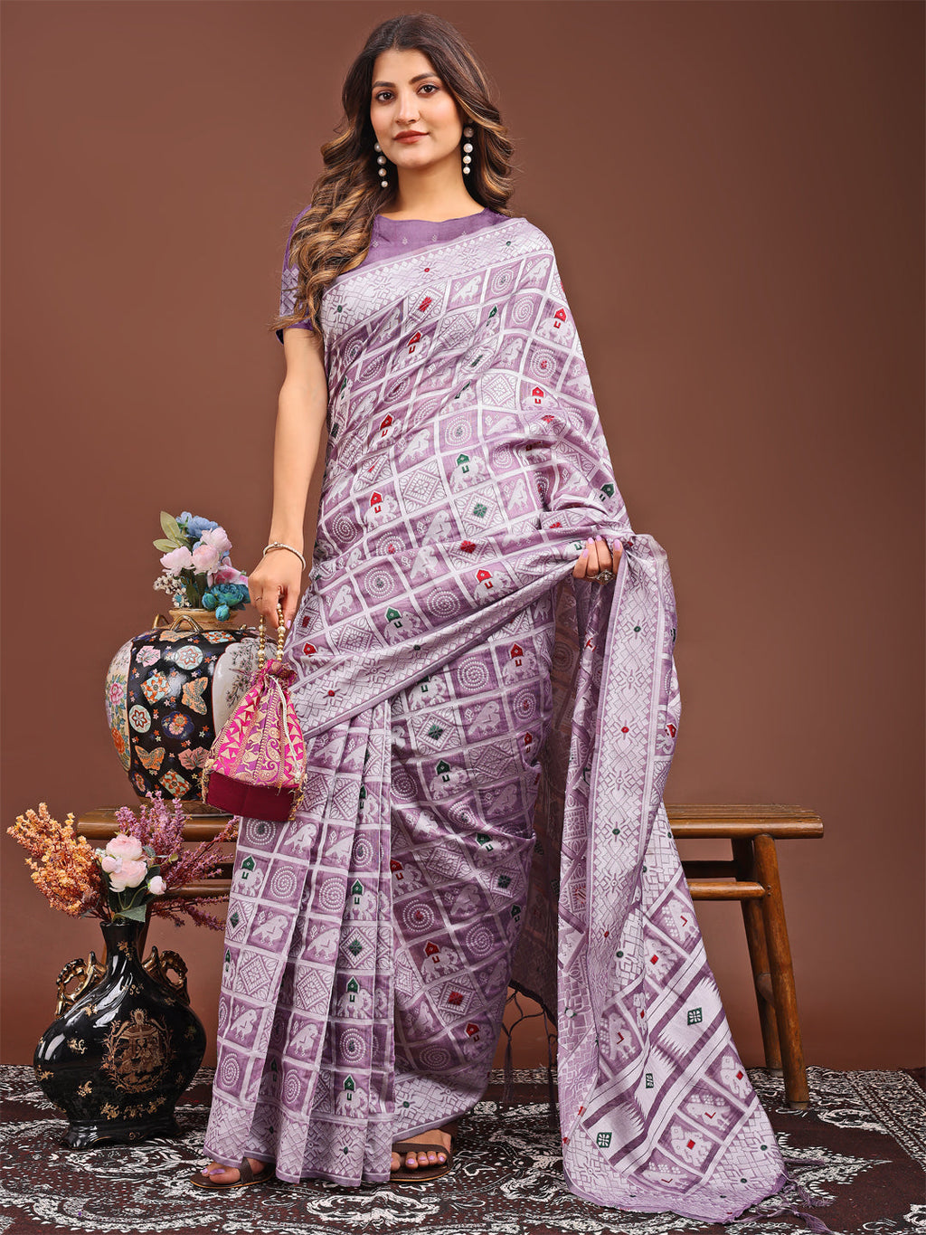 Purple Linen Cotton Saree with Geometric Tribal Weave