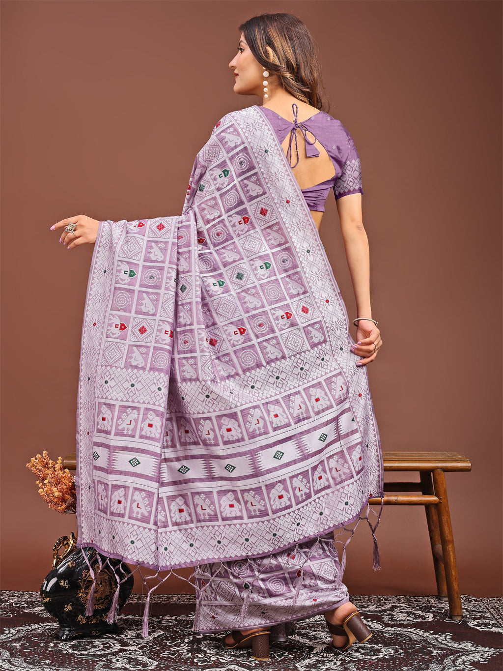 Purple Linen Cotton Saree with Geometric Tribal Weave