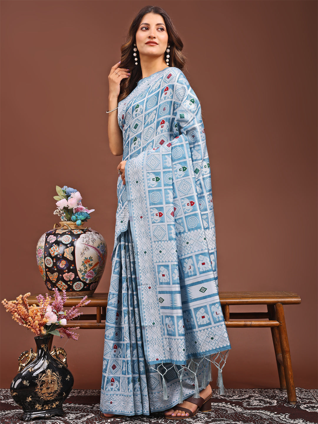 Sky Blue Linen Cotton Saree with Woven Tribal Motifs