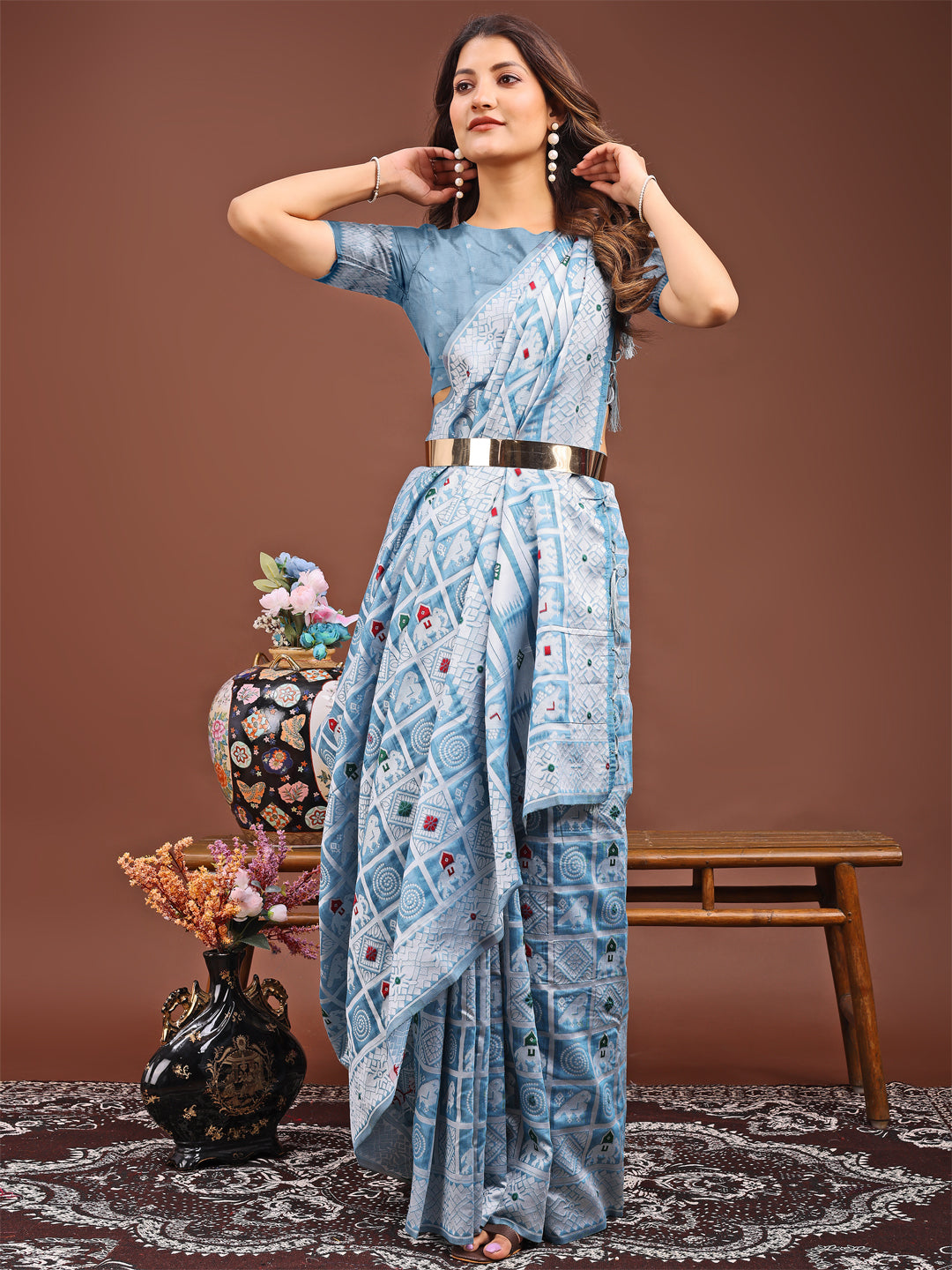 Sky Blue Linen Cotton Saree with Woven Tribal Motifs