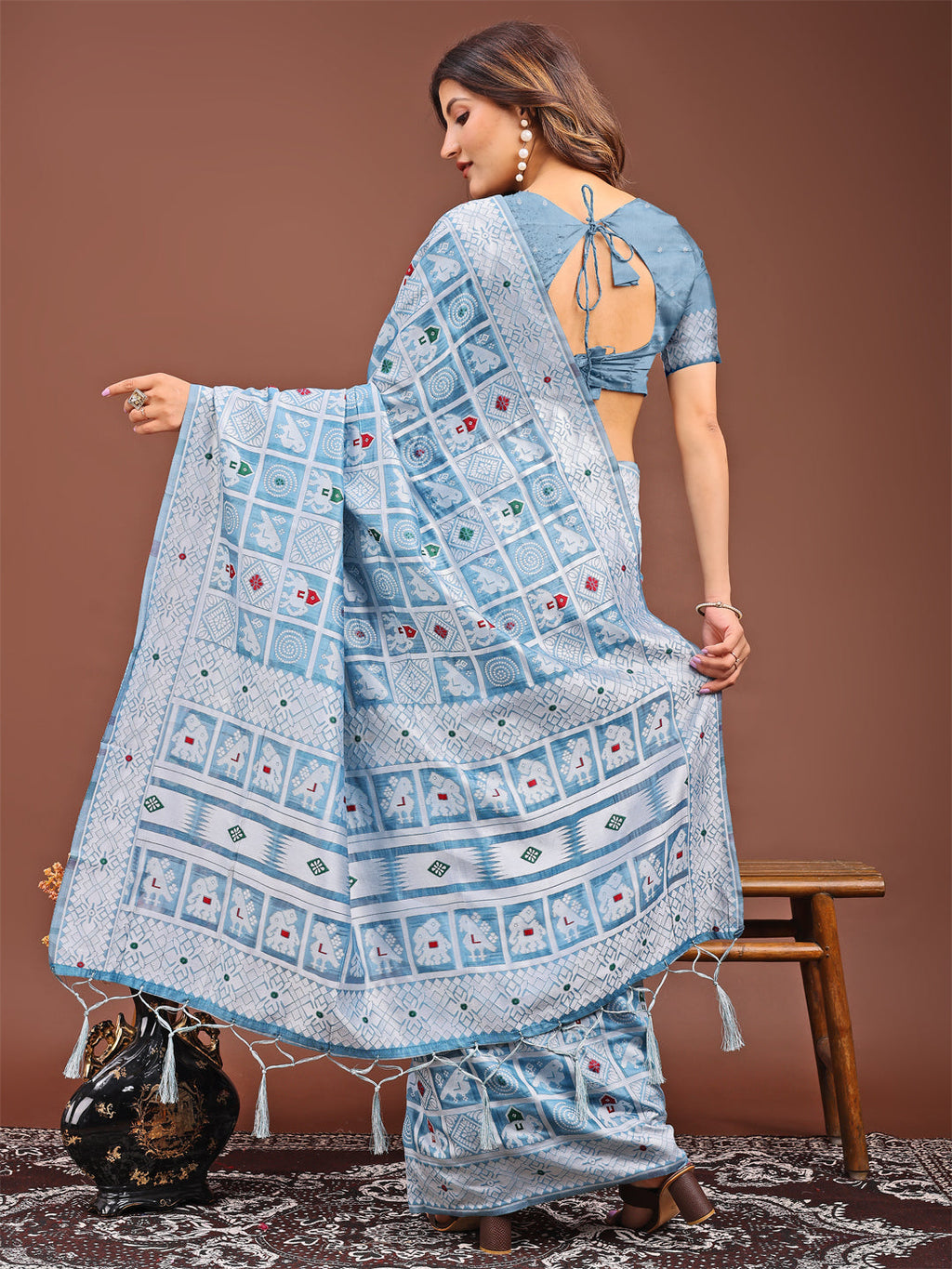 Sky Blue Linen Cotton Saree with Woven Tribal Motifs
