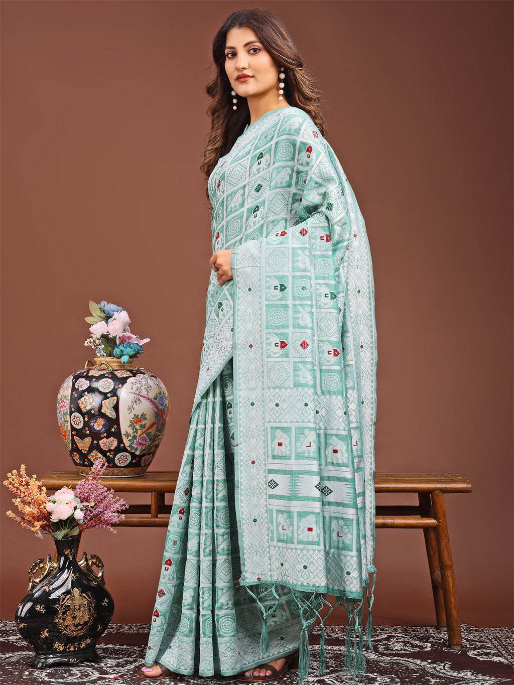 Sea Green Linen Cotton Saree with Geometric Tribal Weave