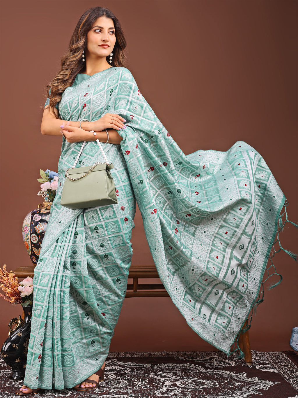 Sea Green Linen Cotton Saree with Geometric Tribal Weave