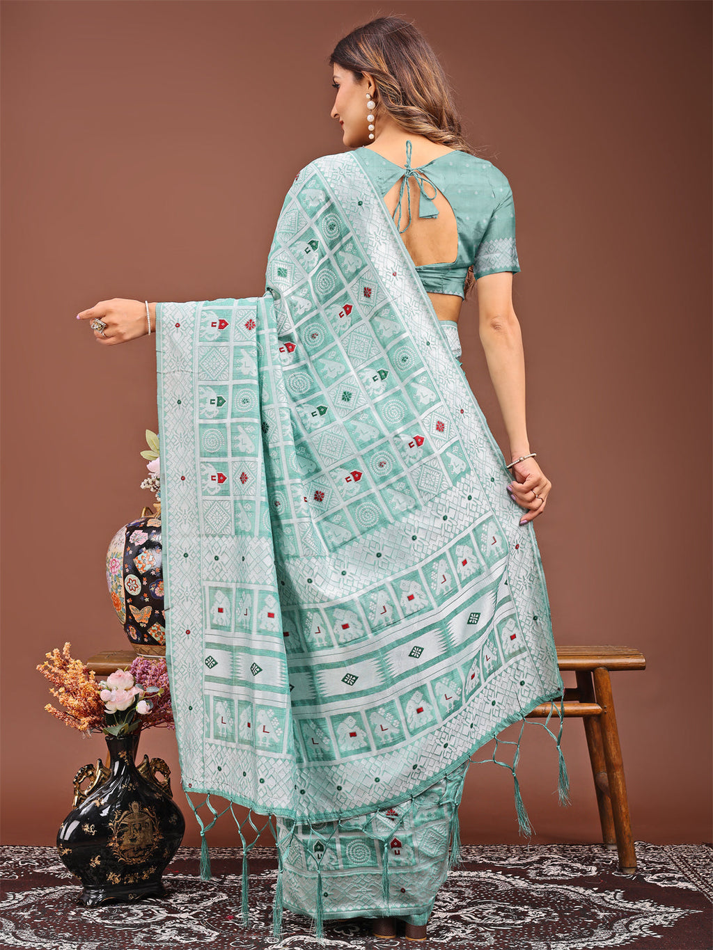 Sea Green Linen Cotton Saree with Geometric Tribal Weave