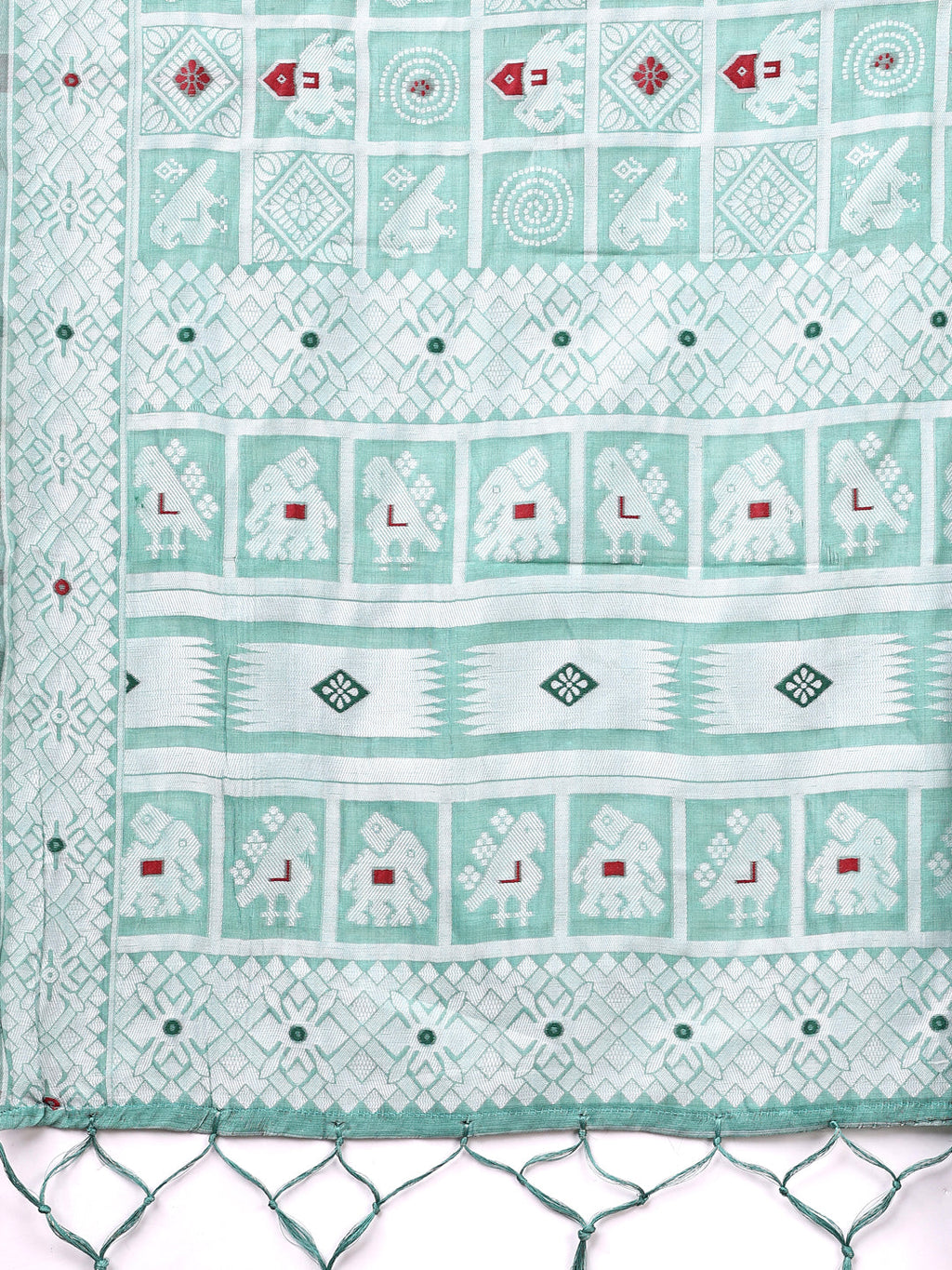 Sea Green Linen Cotton Saree with Geometric Tribal Weave