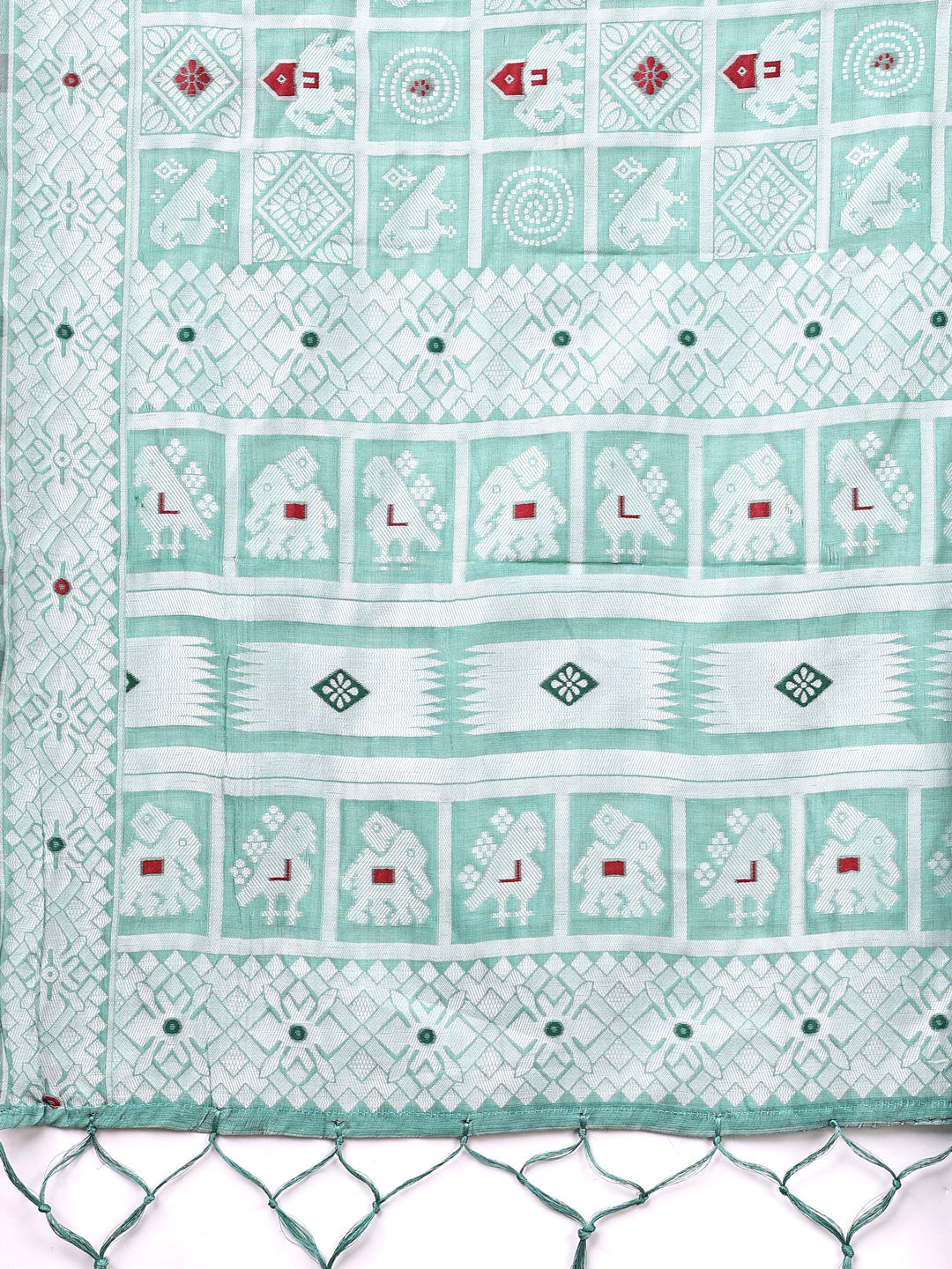 Sea Green Linen Cotton Saree with Geometric Tribal Weave