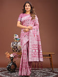 Pink linen cotton saree featuring traditional geometric and tribal motifs