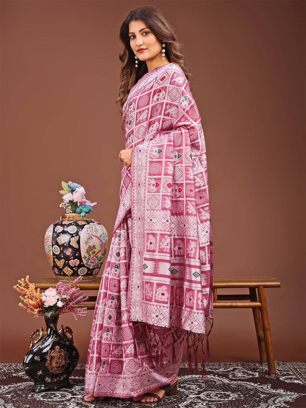 Pink Linen Cotton Saree with Geometric and Tribal Motifs