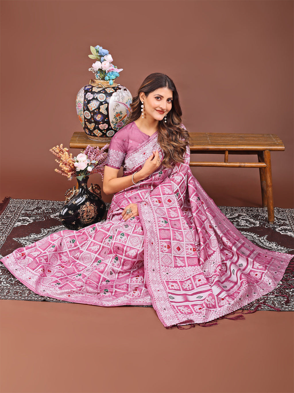 Pink Linen Cotton Saree with Geometric and Tribal Motifs