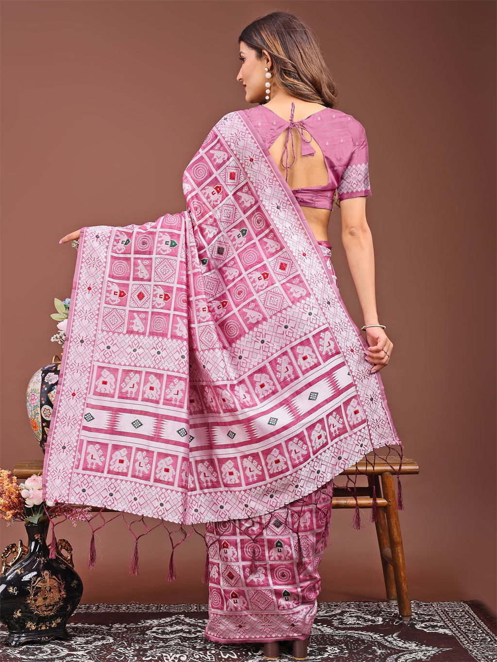 Pink Linen Cotton Saree with Geometric and Tribal Motifs