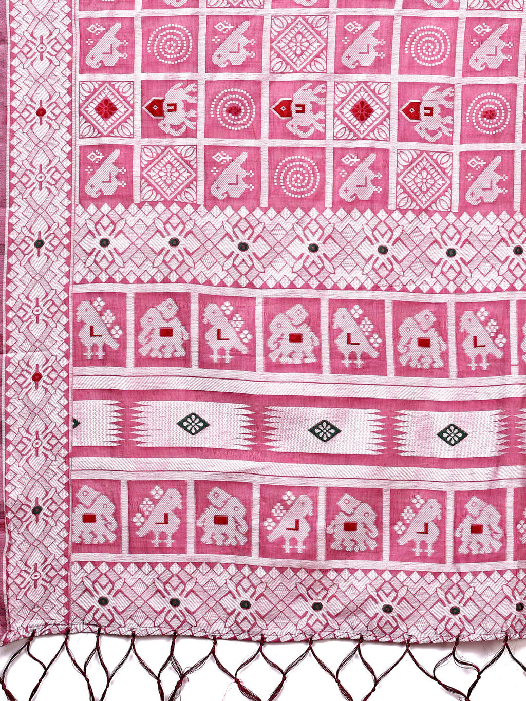 Pink Linen Cotton Saree with Geometric and Tribal Motifs
