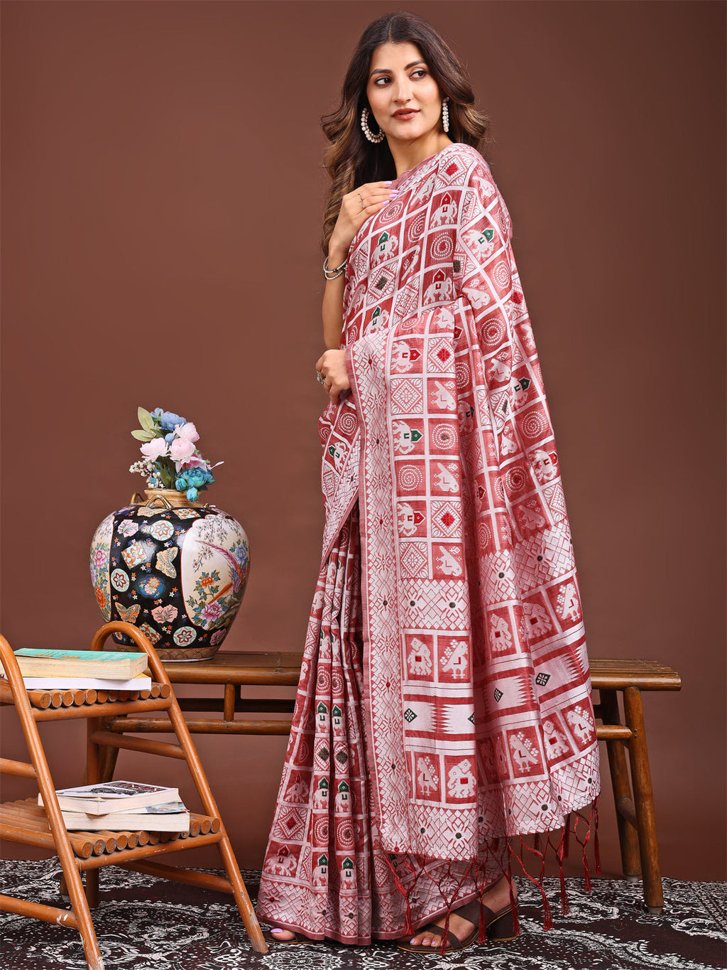 Peach Linen Cotton Saree with Woven Geometric and Tribal Motifs