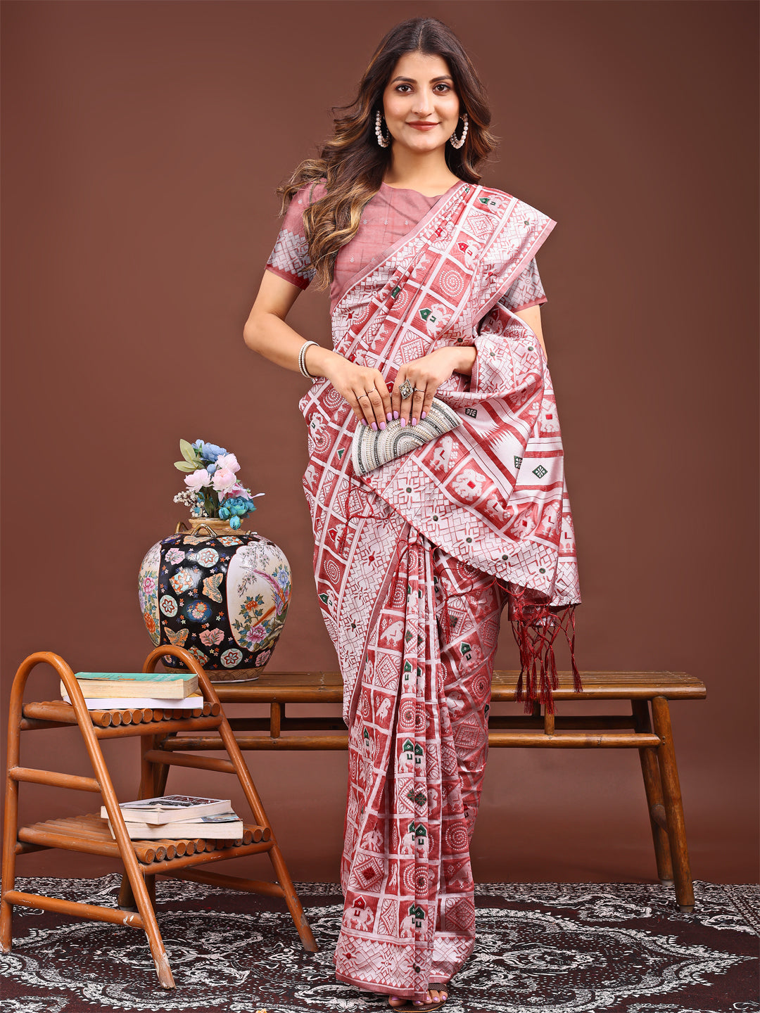 Peach Linen Cotton Saree with Woven Geometric and Tribal Motifs