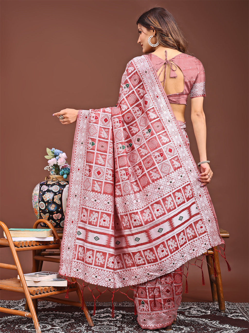 Peach Linen Cotton Saree with Woven Geometric and Tribal Motifs