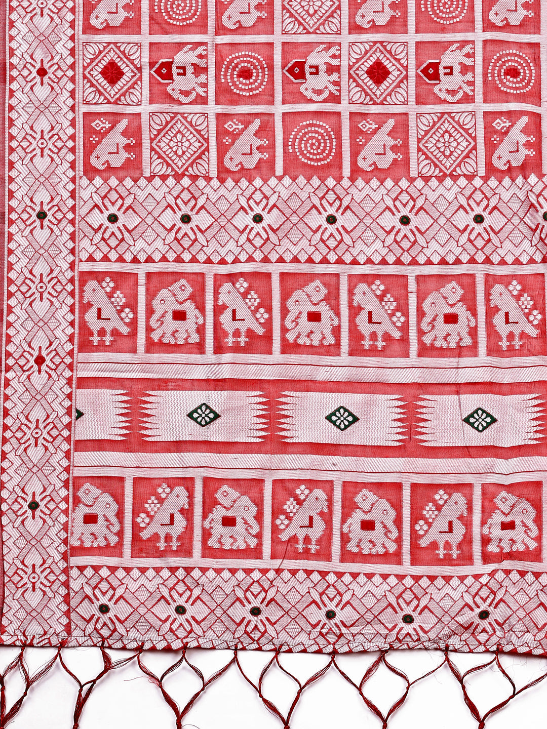 Peach Linen Cotton Saree with Woven Geometric and Tribal Motifs
