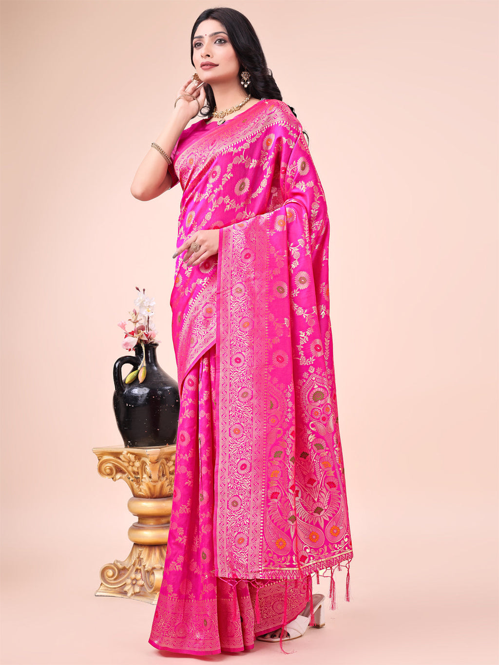 Elegant Pink Banarasi Cotton Saree with Zari Leaf Motifs