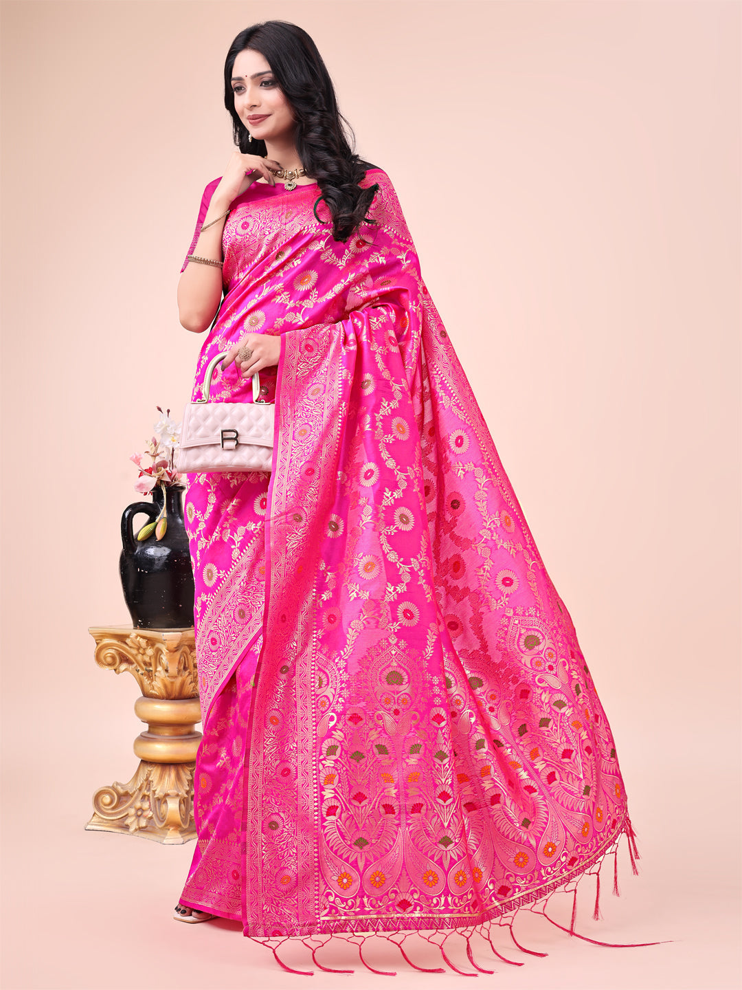 Elegant Pink Banarasi Cotton Saree with Zari Leaf Motifs