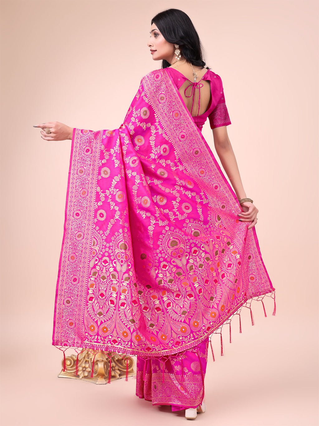 Elegant Pink Banarasi Cotton Saree with Zari Leaf Motifs