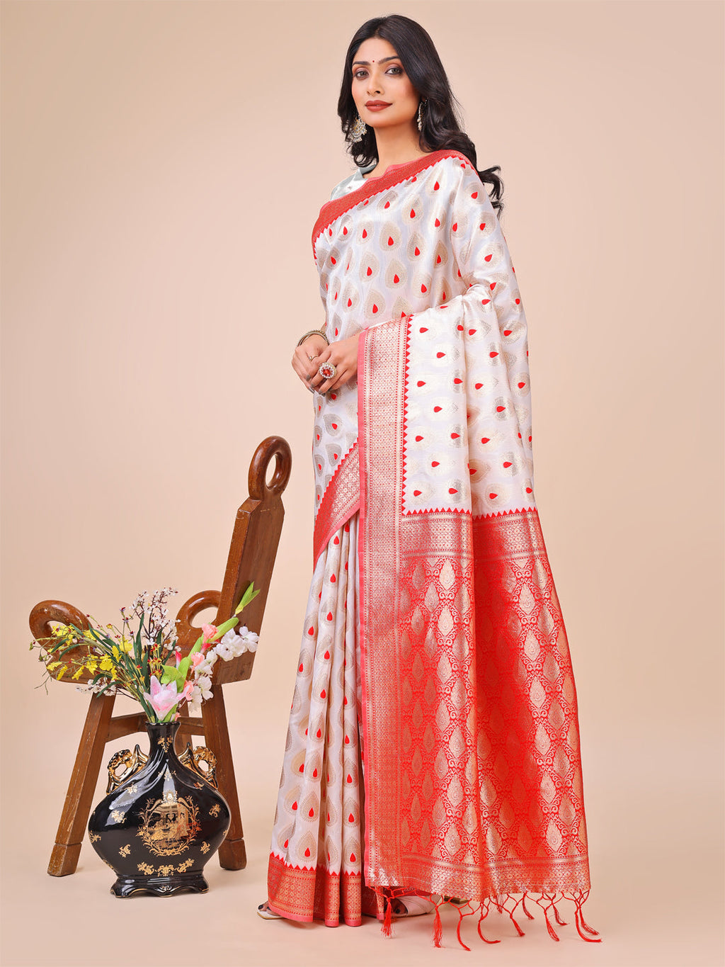 Shree Shyam Fashion Elegant Maroon Banarasi Cotton Saree with Zari Leaf Motifs and Rich Pallu - Traditional Indian Saree for Festive & Wedding Wear