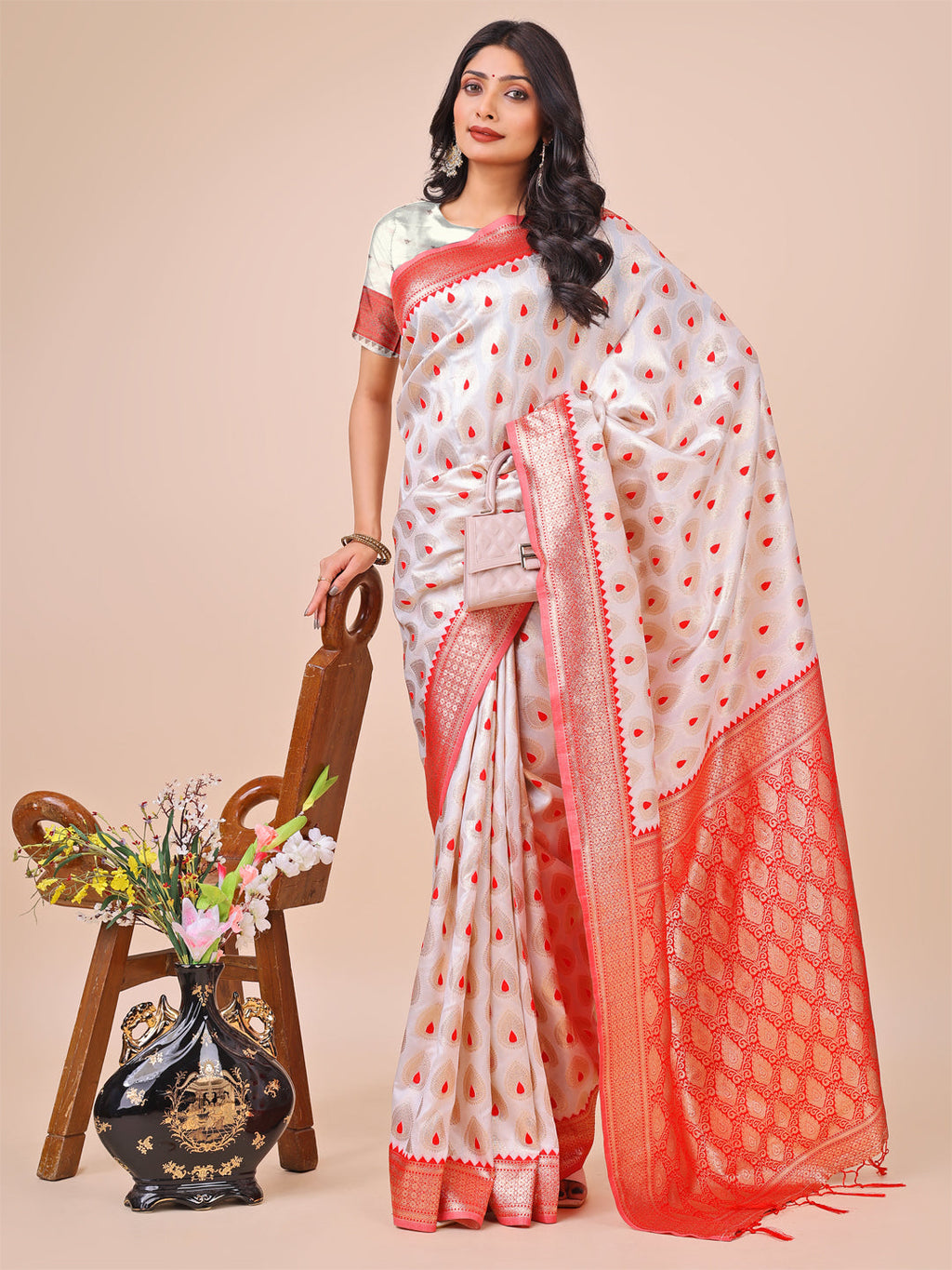 White & Red Banarasi Silk Saree with Teardrop Weaving & Zari Pallu