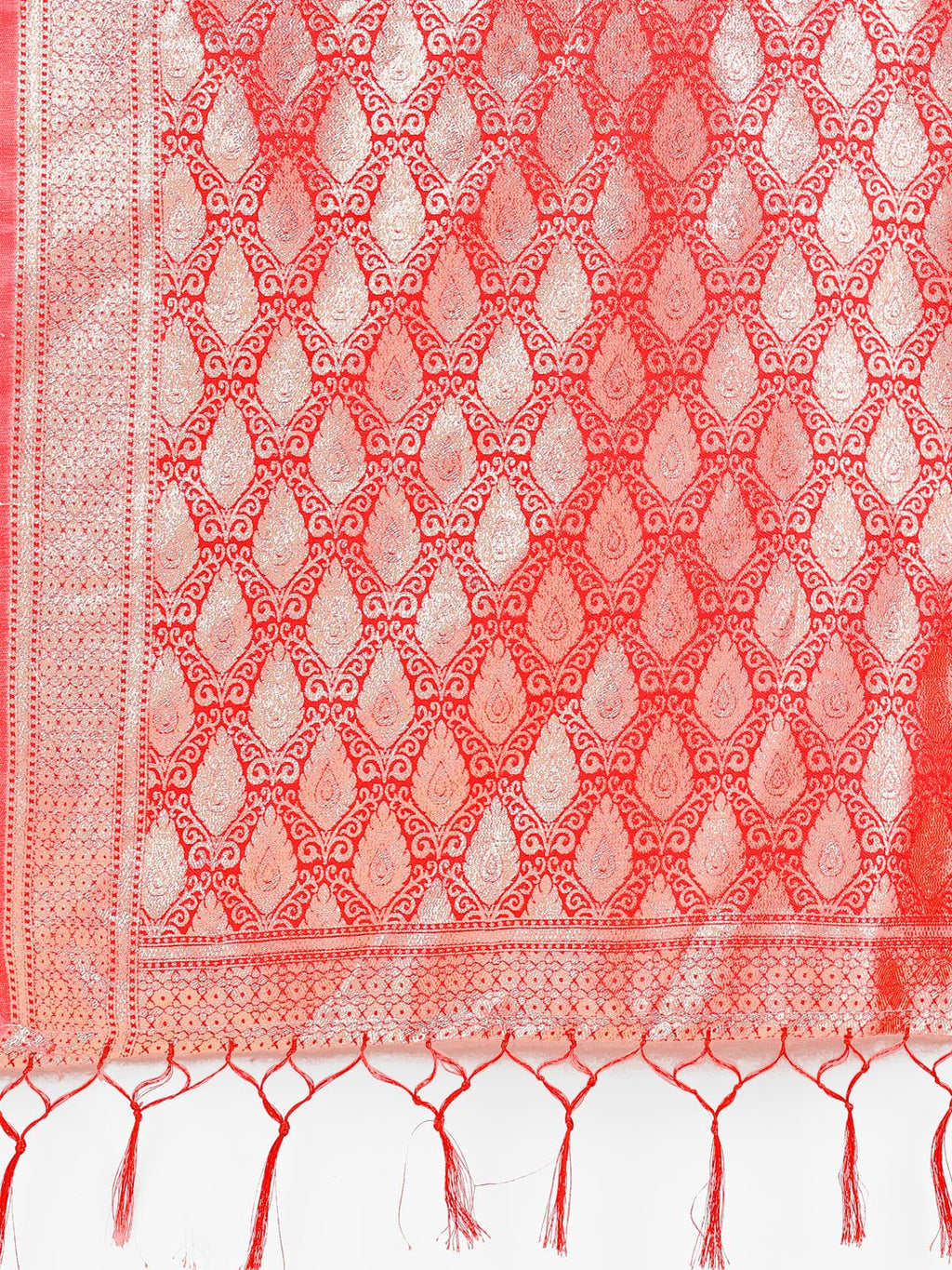 White & Red Banarasi Silk Saree with Teardrop Weaving & Zari Pallu