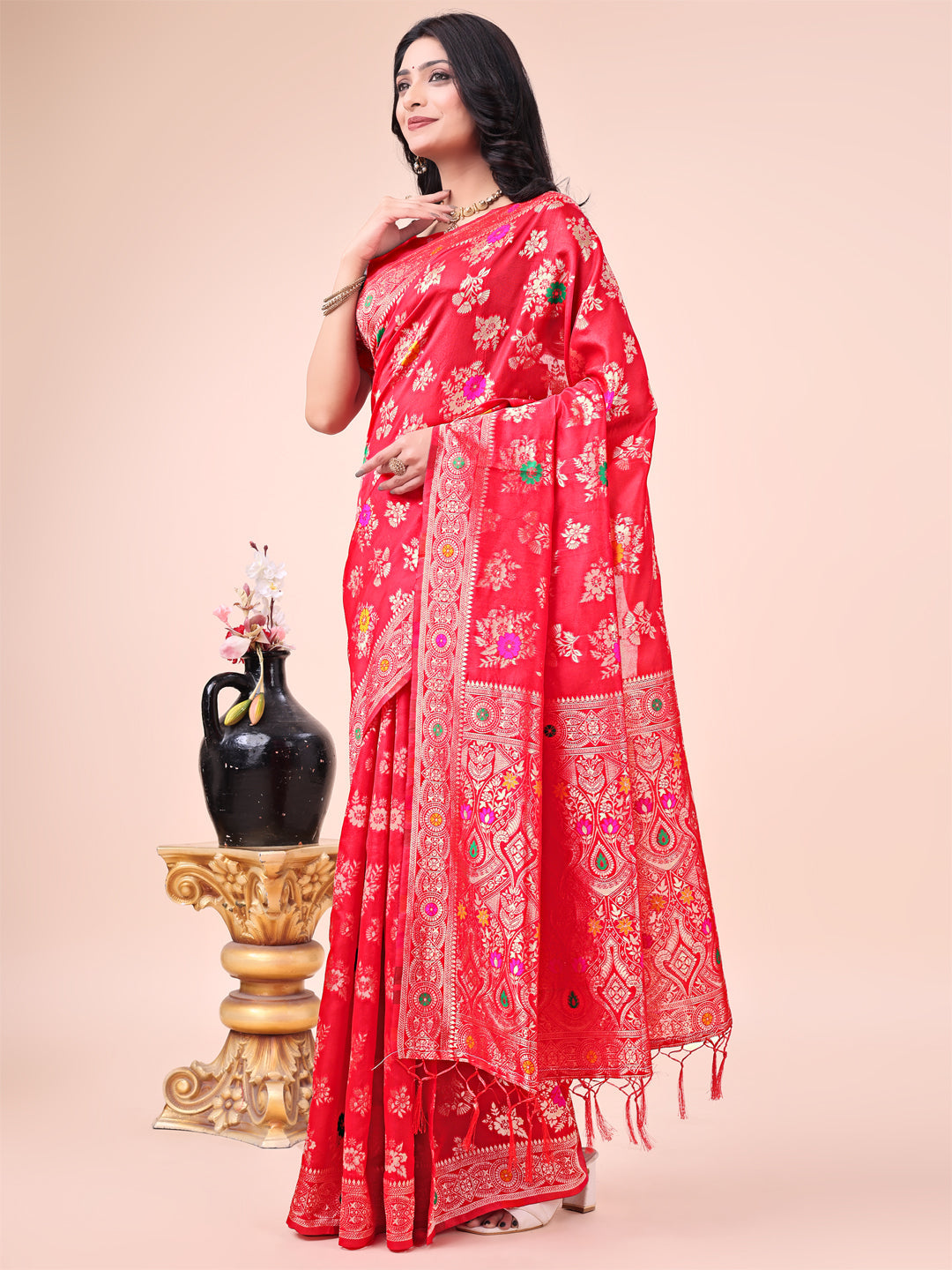 Black Banarasi Cotton Saree with Zari Leaf Motifs