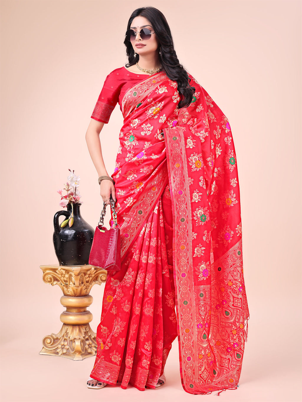 Black Banarasi Cotton Saree with Zari Leaf Motifs