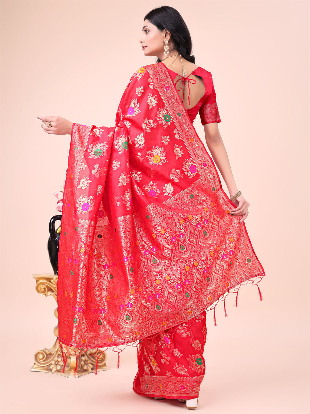 Black Banarasi Cotton Saree with Zari Leaf Motifs