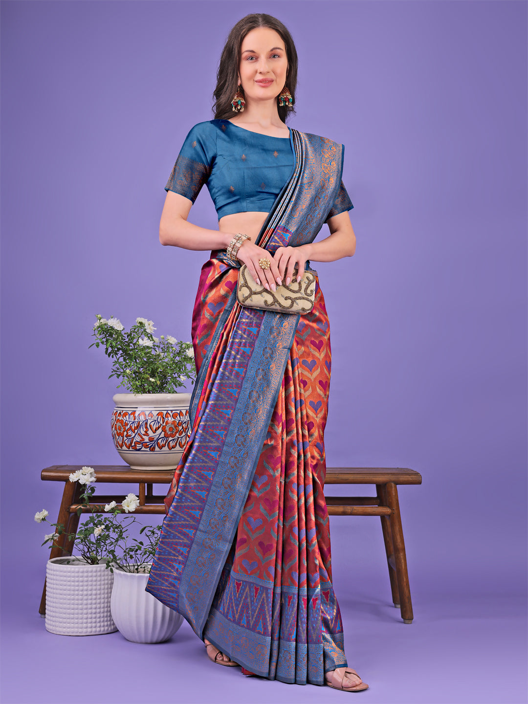 Radiant Lichi Silk Saree with Geometric Patterns in Deep-Red Teal-Blue